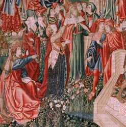Flamandzki gobelin. Seria Ludzkie odkupienie lub występki i cnoty. Chrystus Zbawiciel jako dziecko (Cristo Salvador como Niño). Piąty gobelin z serii (drugi z przechowywanych w Palencji). Produkcja w Brukseli, warsztat. Około 1510. Rozmiar 425 x 800 cm. Tk