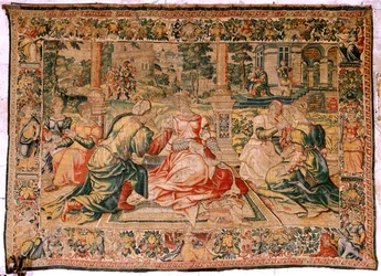 Flamandzki gobelin. Seria Mark Anthony i Kleopatra. Kleopatra i jej dwór (Kleopatra en su corte). Model Cartoon przypisywany Pieterowi Coecke van Aelst. Produkcja Bruksela(?). Druga połowa XVI wieku. Tkanina Jedwab i wełna. Rozmiar 310 x 435 cm. Początek