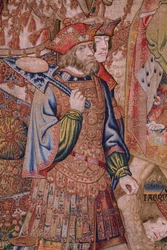Flamandzki gobelin. Seria Moralność: Cnota zaszczytów (De deugd van de Honores, Cnota zaszczytów). Około 1520. Szczegóły