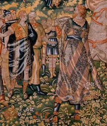 Flamandzki gobelin. Seria Historia Cyrusa. Żaden II Astyages nie rozpoznaje Cyrusa (Ciro reconocido por Astiages). Anonimowy, na podstawie Michiela Coxcie. Atelier Antwerpia. Jedwab i wełna. ok. 1590 r.