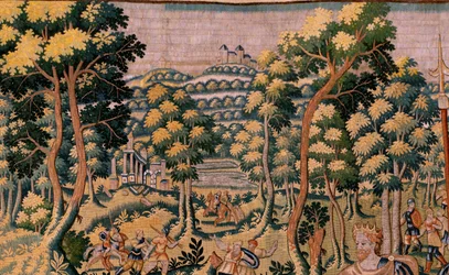 Flamandzki gobelin. Seria Historia Cyrusa. Żaden II Astyages nie rozpoznaje Cyrusa (Ciro reconocido por Astiages). Anonimowy, na podstawie Michiela Coxcie. Atelier Antwerpia. Jedwab i wełna. ok. 1590 r.
