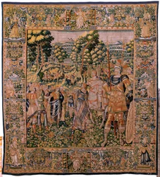 Flamandzki gobelin. Seria Historia Cyrusa. Żaden II Astyages nie rozpoznaje Cyrusa (Ciro reconocido por Astiages). Anonimowy, na podstawie Michiela Coxcie. Atelier Antwerpia. Jedwab i wełna. ok. 1590 r.