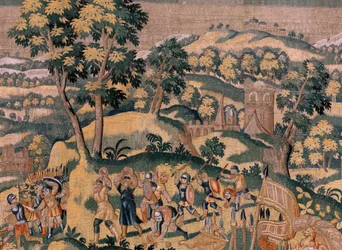 Flamandzki gobelin. Seria Historia Cyrusa. Nr VI Tomyris nakazuje zanurzenie głowy Cyrusa w naczyniu z krwią (Tomiris manda sumergir la cabeza de Ciro en un receivere leno de sangre). Anonimowy, na podstawie Michiela Coxcie. Atelier Antwerpia. Jedwab i woo