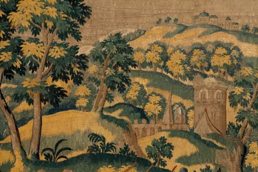 Flamandzki gobelin. Seria Historia Cyrusa. Nr VI Tomyris nakazuje zanurzenie głowy Cyrusa w naczyniu z krwią (Tomiris manda sumergir la cabeza de Ciro en un receivere leno de sangre). Anonimowy, na podstawie Michiela Coxcie. Atelier Antwerpia. Jedwab i woo