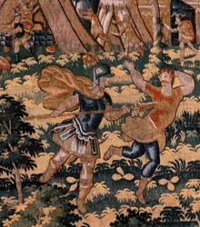 Flamandzki gobelin. Seria Historia Cyrusa. No V Walka dwóch wojowników i śmierć Cyrusa (Combate de dos guerreros y muerte de Ciro). Anonimowy, na podstawie Michiela Coxcie. Atelier Antwerpia. Jedwab i wełna. ok. 1590 r.