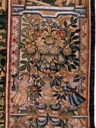 Flamandzki gobelin. Seria Historia Cyrusa. No V Walka dwóch wojowników i śmierć Cyrusa (Combate de dos guerreros y muerte de Ciro). Anonimowy, na podstawie Michiela Coxcie. Atelier Antwerpia. Jedwab i wełna. ok. 1590 r.