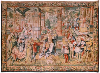 Flamandzki gobelin. Seria Historia Dawida. Dawid przed Saulem (David ante Saúl). Model autorstwa Bernarda van Orleya. Produkcja Bruksela. Ca1525. Tkanina Jedwab i wełna. Rozmiar 560 x 410 cm. Lokalizacja Katedra w Burgos. Pochodzenie Zapis w katedrze w 153