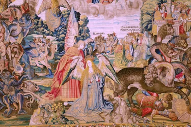 Flamandzki gobelin. Seria Apokalipsa: Święty Michał pokonujący smoka. Atelier Willem Dermoyen, Bruksela. Około 1553-1555. Szczegół.