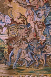 Flamandzki gobelin. Seria Apokalipsa: Święty Michał pokonujący smoka. Atelier Willem Dermoyen, Bruksela. Około 1553-1555. Szczegół.