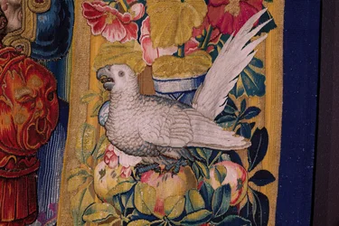 Flamandzki gobelin. Seria Apokalipsa: Święty Michał pokonujący smoka. Atelier Willem Dermoyen, Bruksela. Około 1553-1555. Szczegół.