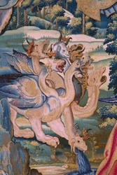 Flamandzki gobelin. Seria Apokalipsa: Święty Michał pokonujący smoka. Atelier Willem Dermoyen, Bruksela. Około 1553-1555. Szczegół.