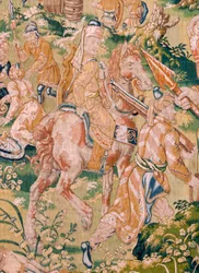 Flamandzki gobelin. Seria: Księga Judyty. Bankiet Holofernesa (El banquete de Holofernes). Szósty gobelin w serii. Produkcja: Holandia, Bruksela(?). Druga połowa XVI wieku. Tkanina: Wełna. Lokalizacja: Kościół św. Mikołaja z Bari (m