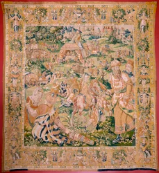 Flamandzki gobelin. Seria: Księga Judyty. Bankiet Holofernesa (El banquete de Holofernes). Szósty gobelin w serii. Produkcja: Holandia, Bruksela(?). Druga połowa XVI wieku. Tkanina: Wełna. Lokalizacja: Kościół św. Mikołaja z Bari (m