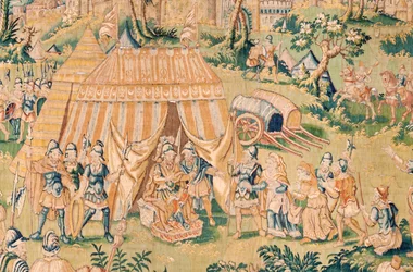Flamandzki gobelin. Seria Księga Judyty. Judyta przed Holofernesem (Judith ante Holofernes). Piąty gobelin z serii. Produkcja Holandia, Bruksela(?). Druga połowa XVI wieku. Tkanina Wełna. Lokalizacja Kościół św. Mikołaja z Bari (mus