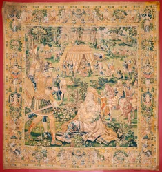 Flamandzki gobelin. Seria Księga Judyty. Judyta przed Holofernesem (Judith ante Holofernes). Piąty gobelin z serii. Produkcja Holandia, Bruksela(?). Druga połowa XVI wieku. Tkanina Wełna. Lokalizacja Kościół św. Mikołaja z Bari (mus