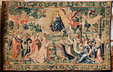 Flamandzki gobelin. Seria Grad. Uratuj Reginę. Warsztaty manufaktury w Brukseli, możliwa manufaktura Marca Crétif. Około 1528. Rozmiar 412 x 652 cm. Tkanina Jedwab i wełna. Lokalizacja Katedra w Palencii. Pochodzenie Zapis biskupa Fonseca w 1529 r. Na disp