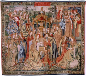 Flamandzki gobelin. Seria Historia Dawida i Batszeby. Batseba w swojej kąpieli (Betsabé en el bano sorprendida por David). Pierwszy panel serii. Model Anonimowy. Nieznana produkcja, Bruksela