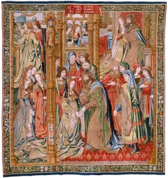 Flamandzki gobelin. Seria Historia Dawida i Batszeby. Małżeństwo Dawida i Batszeby (Casamiento de David y Betsabé). Drugi panel serii. Model Anonimowy. Producent nieznany, Bruksela. 1505. Tkanina Złoto, jedwab i wełna.
