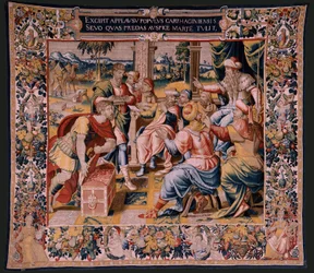Flamandzki gobelin. Seria Historia Hannibala. Mago, posłaniec Hannibala w Kartaginie (Magón, mensajero de Aníbal, en Cartago). Piąty gobelin z zachowanych. Modele Anonimowy mistrz Holandii. Produkcja w Brukseli, warsztat. Około 1570. Fabu