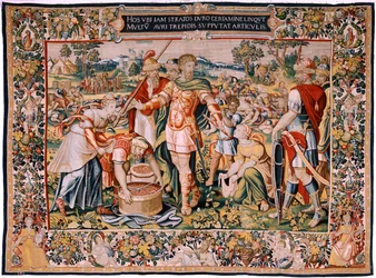 Flamandzki gobelin. Seria Historia Hannibala. Splądrowanie Kann (El botín de Cannas). Czwarty gobelin z zachowanych. Modele Anonimowy mistrz Holandii. Warsztaty produkcyjne w Brukseli. Około 1570. Tkanina Wełna i jedwab, 6,5/7 osnowy na cm