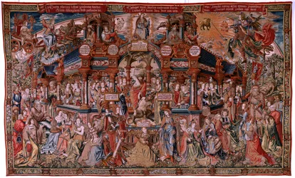 Flamandzki gobelin. Seria Honory. Cnota (La Virtu, El Vicio). Ósmy gobelin z serii. Wzorcowi rysownicy z kręgu Bernarda van Orleya i Jana Gossaerta (Mabuse). Manufaktura Pieter van Aelst, Bruksela. ok. 1550. Tkanina Złoto, srebro, jedwab a