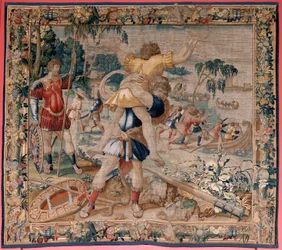 Flamandzki gobelin. Seria Prac Herkulesa. Herkules i Anteusz (Hércules y Anteo). Czwarty gobelin z zachowanej serii. ; Model nieznany. Manufaktura Willem Dermoyen, Bruksela. Około 1528. Tkanina Jedwab i wełna. Rozmiar 362 x 403 cm. Lokalizacja Pałac Królew