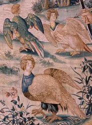 Flamandzki gobelin. Seria Prac Herkulesa. Herkules i ptaki stymfalijskie (Hércules y las aves del lago Estínfalo). Pierwszy gobelin z zachowanej serii. Model nieznany. Manufaktura Willem Dermoyen, Bruksela. Ca1528. Tkanina Jedwab i wełna. ; Rozmiar 3