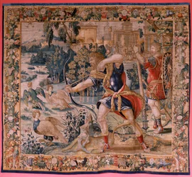 Flamandzki gobelin. Seria Prac Herkulesa. Herkules i ptaki stymfalijskie (Hércules y las aves del lago Estínfalo). Pierwszy gobelin z zachowanej serii. Model nieznany. Manufaktura Willem Dermoyen, Bruksela. Około 1528. Tkanina Jedwab i wełna. ; Rozmiar