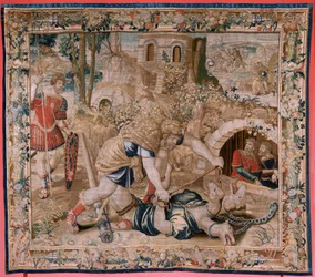 Flamandzki gobelin. Seria Prac Herkulesa. Hercules chwyta Cerberusa (Hércules captura a Cancerbero). Szósty gobelin z zachowanej serii. Nieznany model. Manufaktura Willem Dermoyen, Bruksela. Ca1528. Tkanina Jedwab i wełna. Rozmiar 345 x 390 cm. Lokalizacja