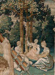 Flamandzki gobelin. Seria Prac Herkulesa. Herkules w Ogrodzie Hesperydów (Hércules en el jardín de las Hesperides). Piąty gobelin z istniejącej serii. Model nieznany. Manufaktura Willem Dermoyen, Bruksela. Około 1528. Tkanina Jedwab i wełna.