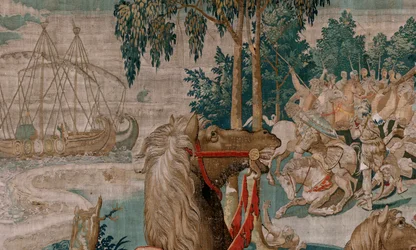 Flamandzki gobelin. Seria Prac Herkulesa. Konie Diomedesa (Los caballos de Diomedes). Trzeci gobelin z istniejącej serii. Model nieznany. Manufaktura Willem Dermoyen, Bruksela. Ca1528. Tkanina Jedwab i wełna. Rozmiar 350 x 400 cm. Lokalizacja Royal