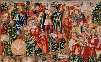 Flamandzki gobelin. Seria Przypowieść o robotnikach w winnicy. Płatność denara (El pago del denario). Drugi gobelin w serii. Manufaktura Bruksela, warsztaty Pietera van Aelsta (?). Około 1500. Tkanina Jedwab i wełna, 6 osnów na cm.