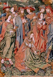 Flamandzki gobelin. Seria Męka Chrystusa. Zejście z krzyża (Descendimiento). Druga seria gobelinów Męki Pańskiej należąca do Patrimonio Nacional. Wzorcowi rysownicy z kręgu Jana van Roome. Produkcja Pieter va