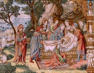 Flamandzki gobelin. Seria Męka Chrystusa. Zejście z krzyża (Descendimiento). Druga seria gobelinów Męki Pańskiej należąca do Patrimonio Nacional. Wzorcowi rysownicy z kręgu Jana van Roome. Produkcja Pieter va