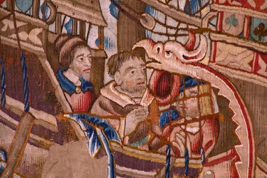 Flamandzki gobelin. Seria Portugalczycy w Indiach: Przybycie do Kalikatu (Od Aankomst w Kalikacie, Llegado de Vasco de Gama do Lizbony). Ca 1510. Kolekcja Caixa Geral de Depósitos, Lizbona. Szczegół.