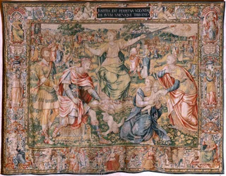 Flamandzki gobelin. Seria Siedem cnót. Sprawiedliwość (La Justicia). Model oparty na Michielu Coxcie. Produkcja Bruksela. Produkcja: Frans Geubels. Około 1560-1570. Tkanina Jedwab i wełna. Rozmiar 330 x 450 cm. Lokalizacja Katedra w Burgos. Pochodzenie Zap