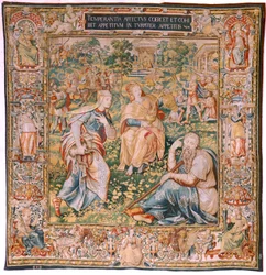 Flamandzki gobelin. Seria Siedem cnót. Wstrzemięźliwość (La Templanza). Model oparty na Michielu Coxcie. Produkcja Bruksela. Produkcja: Frans Geubels. Ca1560-1570. Tkanina Jedwab i wełna. Rozmiar 330 x 320 cm. Lokalizacja Katedra w Burgos. Pochodzenie Zapi