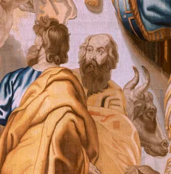 Flamandzki gobelin. Seria Triumf Eucharystii. Czterech ewangelistów (Los cuatro evangelistas). Jedenasty gobelin w serii. Model Peter Paul Rubens. 1626-1628. Manufaktura Jan II Raes, Hans Vervoert, Jacques Fobert, Bruksela