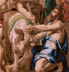 Flamandzki gobelin. Seria Triumf Eucharystii. Zwycięstwo Eucharystii nad ofiarami pogańskimi (Victoria de la Eucaristía sobre los sacificios paganos). Czwarty gobelin w serii. Model Peter Paul Rubens. 1626-1628. Manufaktura Jan II Raes, Jac