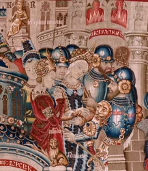 Flamandzki gobelin. Seria Wojna trojańska. Zniszczenie Troi (Destrucción de Troya). Jedenasty gobelin w serii. Mistrz modelu Coëtivy (Henry lub Conrard de Vulcop). Warsztaty produkcji Tournai. Ca 1470. Tkanina Wełna i jedwab, 6/7 osnów na cm.
