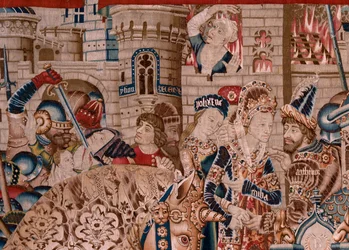 Flamandzki gobelin. Seria Wojna trojańska. Zniszczenie Troi (Destrucción de Troya). Jedenasty gobelin w serii. Mistrz modelu Coëtivy (Henry lub Conrard de Vulcop). Warsztaty produkcji Tournai. Ca 1470. Tkanina Wełna i jedwab, 6/7 osnów na cm.