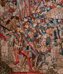 Flamandzki gobelin. Seria Wojna trojańska. Zniszczenie Troi (Destrucción de Troya). Jedenasty gobelin w serii. Mistrz modelu Coëtivy (Henry lub Conrard de Vulcop). Warsztaty produkcji Tournai. Ca 1470. Tkanina Wełna i jedwab, 6/7 osnów na cm.