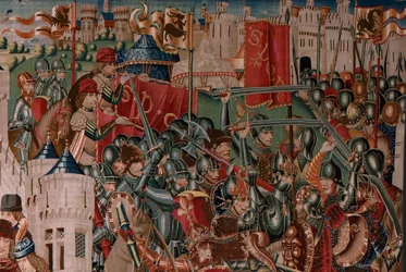 Gobelin flamandzki. Nieznana seria. Historia Rzymu? Tarkwiniusz Stary (Tarquino Prisco). Wykonany w warsztatach brukselskich? Ok. 1475. Tkanina: wełna i jedwab, 6 nici osnowy na cm. Pochodzenie: Dar hrabiego Alba de Aliste, dotarł do katedry w 1608 roku.