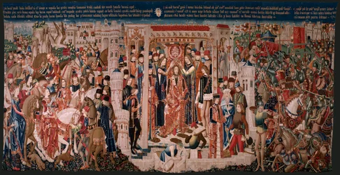 Flamandzki gobelin. Seria nieznana. Historia rzymska? Tarquinius Priscus (Tarquino Prisco). Warsztaty produkcyjne w Brukseli?. Ca 1475. Tkanina Wełna i jedwab, 6 osnów na cm. Pochodzenie Dar hrabiego Alba de Aliste, przybył do katedry w 1608 r. ; Lokalizac