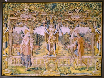 Flamandzki gobelin. Seria Vertumnus i Pomona: Vertumnus przekształcony w rolnika (Vertumnus jako rolnik, Vertumno transformado i rolnik). Studio Willema de Pannemakera. ok. 1545-1550.
