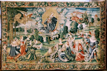 Flamandzki gobelin. Seria Grad. Ad te małż. Drugi gobelin w serii. Warsztaty manufaktury w Brukseli, możliwa manufaktura Marca Crétif. Około 1528. Rozmiar 429 x 646 cm. Tkanina Jedwab i wełna. Lokalizacja Katedra w Palencii. Pochodzenie Zapis