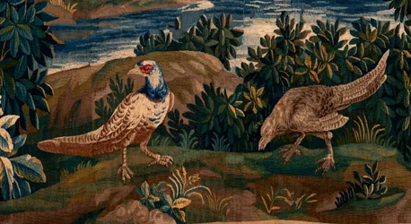 Flamandzki gobelin. Tak zwana Verdure (Krajobraz z wodą, drzewami i bażantami). Atelier Oudenaarde. 277x200cm. Inw 00012. XVII wiek.
