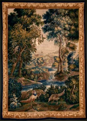 Flamandzki gobelin. Tak zwana Verdure (Krajobraz z wodą, drzewami i bażantami). Atelier Oudenaarde. 277x200cm. Inw 00012. XVII wiek.