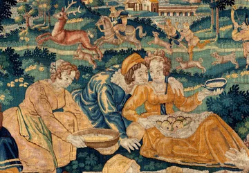 Flamandzki gobelin. Posiłek wiejski. Atelier Oudenaarde. 331x465cm. Iinv (83073)-8 / 00008. XVII wiek.