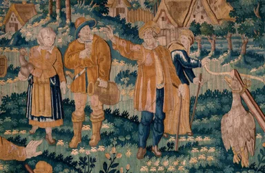 Flamandzki gobelin. Gra w gęsi. Atelier Oudenaarde. 341x395cm. Inw (83058)-7 / 0008. XVII wiek.